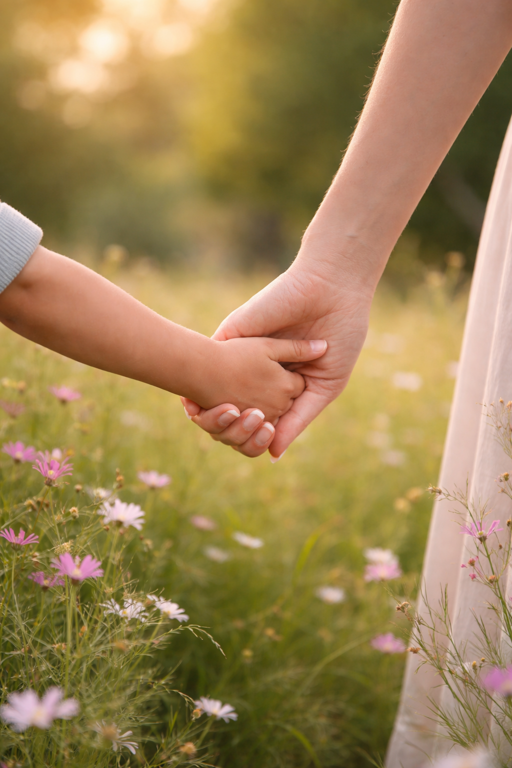 Anya és gyermek kézfogás a mezőn